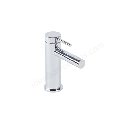 A modern single-handle bathroom faucet with a polished chrome finish, featuring a cylindrical body and a horizontal spout with a lever handle, shown on a plain white background.