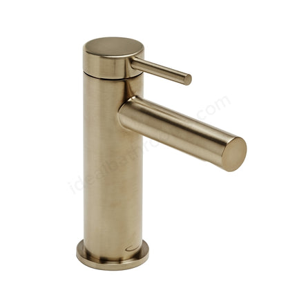 A modern single-handle bathroom faucet in a brushed brass or gold finish, shown from a three-quarter angle on a plain white background.