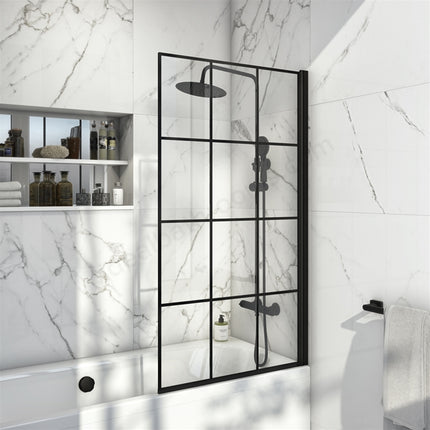 Scudo S6 Grid Bath Screen — 800 x 1400mm | Folding | 6mm Toughened Glass | Matt Black | Lifetime Guarantee