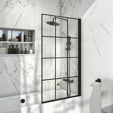 Scudo S6 Grid Bath Screen — 800 x 1400mm | Folding | 6mm Toughened Glass | Matt Black | Lifetime Guarantee