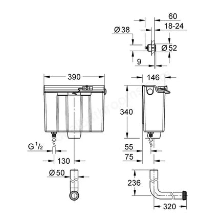 Grohe Adagio Concealed Cistern 39053000 - Dual Flush 6/3L Bottom Fill