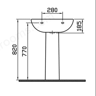 Black and white technical dimension diagram showing two views of a pedestal sink: a front view with measurements 575, 470, 195, and a side view with measurements 820, 770, 280, and 185.
