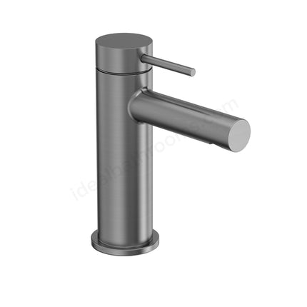 A modern single-handle bathroom faucet in a brushed metallic gray finish, shown against a plain white background.
