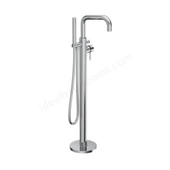 A modern floor-mounted bathtub faucet with a polished chrome finish, featuring a high-arc spout, a vertical main column with a round base, a hand shower hose, and a side lever handle, shown on a white background.