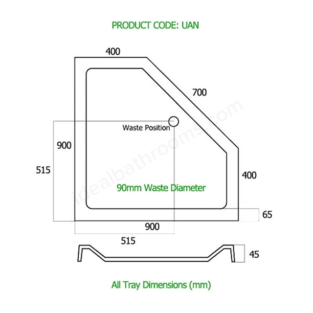 MX Elements Low Profile Pentagonal Shower Tray | White | 900x900mm | 40mm | UAN