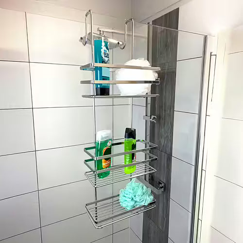 Euroshowers Chrome 3-Tier Hanging Shower Basket | Over Door Caddy | Stainless Steel