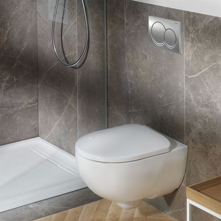 Geberit Duofix 4-in-1 Wall-Hung WC Pack | Alpha01 Flush Plate, Selnova Rimless Pan & Soft Close Seat