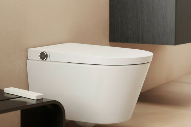 Modern white toilet bowl in a bathroom setting with a neutral color scheme.
