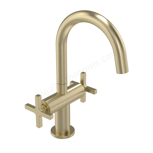 Tavistock Cohort Cross Head Basin Mixer Tap - Twin Handle with Click Waste - 3 Finishes Brushed Brass