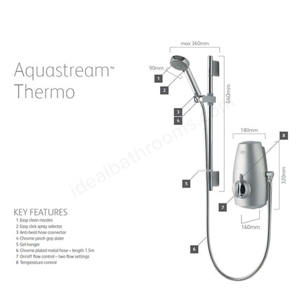 Aqualisa AQUASTREAM Thermostatic Power Shower for Low Pressure Systems Adjustable Head