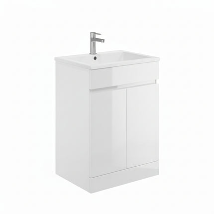 White vanity unit with sink on a white background