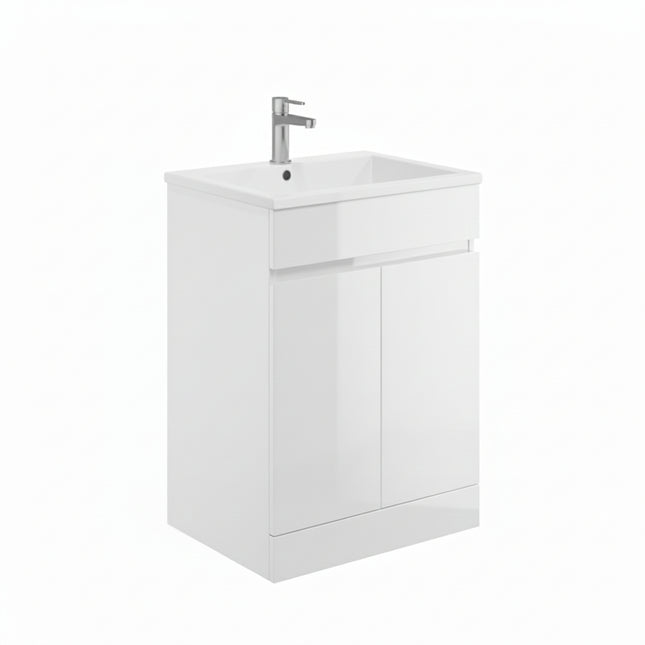 White vanity unit with sink on a white background