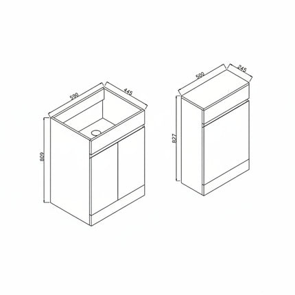 Technical drawing of two bathroom cabinets with dimensions on a white background