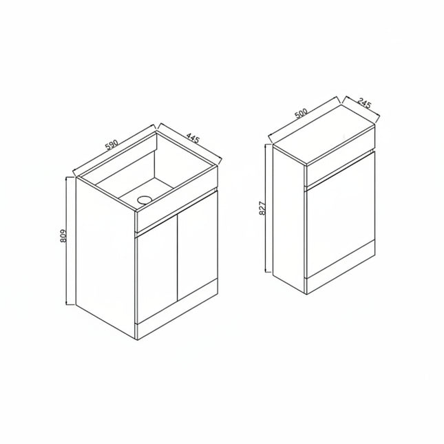 Technical drawing of two bathroom cabinets with dimensions on a white background