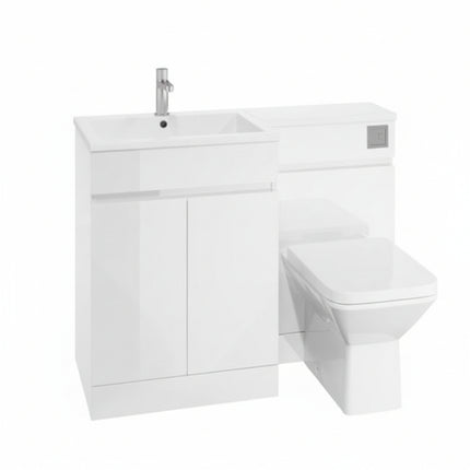 Bathroom setup with a white vanity unit and toilet on a white background