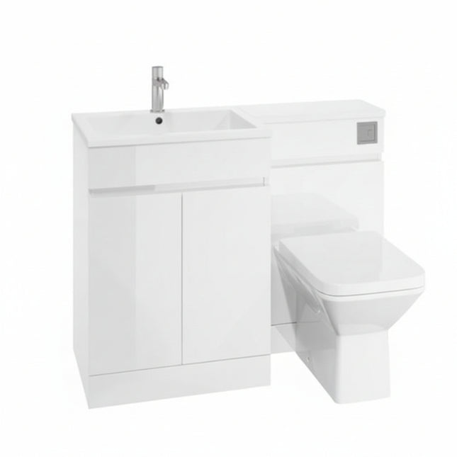 Bathroom setup with a white vanity unit and toilet on a white background