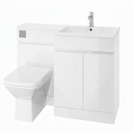 White bathroom vanity unit with sink and toilet on a white background