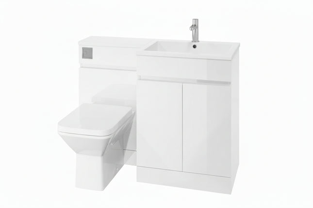 White bathroom vanity unit with sink and toilet on a white background