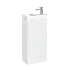 White bathroom vanity unit with sink and faucet on a white background
