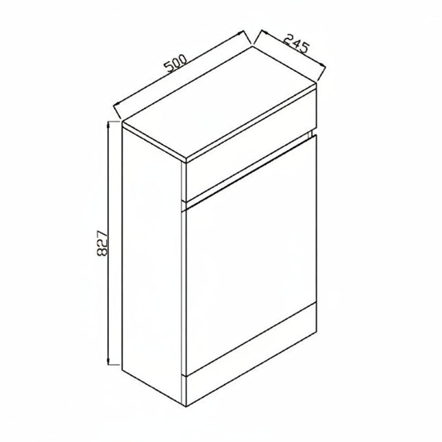 Technical drawing of a rectangular cabinet with dimensions labeled