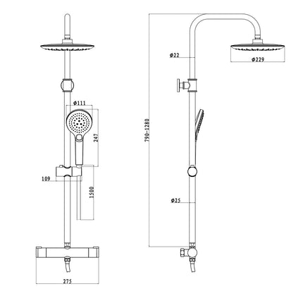 Euroshowers Thermostatic Shower System | Adjustable Rail 790–1280mm | Overhead & Handheld | Chrome or Black