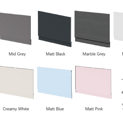 A color and finish options chart showing multiple rectangular sample panels labeled Gloss White, Light Grey, Mid Grey, Matt Black, Marble Grey, Matt White, Matt White, Matt Grey, OAK, Creamy White, Matt Blue, and Matt Pink, plus a small dimension drawing on the right.
