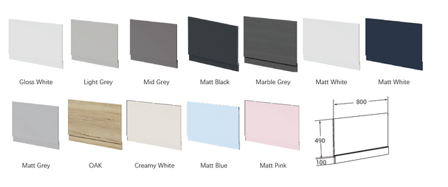 A color and finish options chart showing multiple rectangular sample panels labeled Gloss White, Light Grey, Mid Grey, Matt Black, Marble Grey, Matt White, Matt White, Matt Grey, OAK, Creamy White, Matt Blue, and Matt Pink, plus a small dimension drawing on the right.