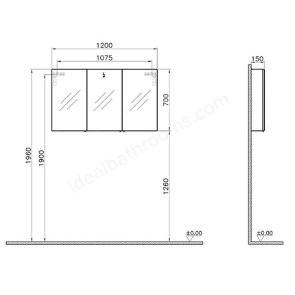 VitrA S50 Classic Mirror Cabinet | 1200mm Wide | 3 Door | Gloss White