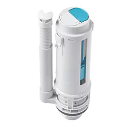 A white plastic toilet tank fill valve assembly with a blue water-level indicator window and a small blue accent on the top cap, shown against a plain white background.