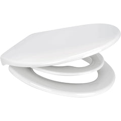 A glossy white toilet seat lid shown from an elevated angle against a solid white background.