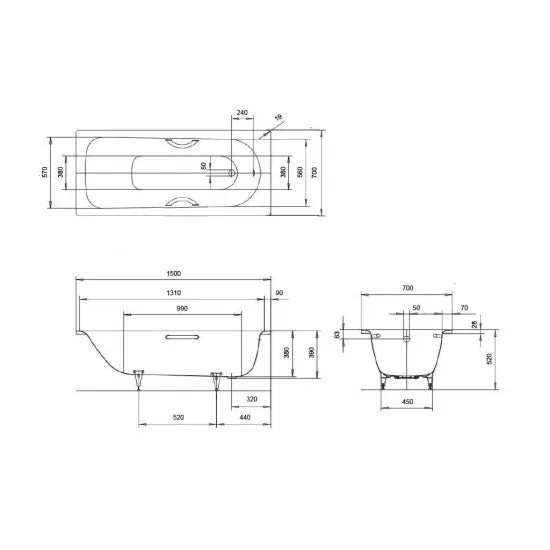 Arley Pro Contract Single Ended Steel Bath — 2 Tap Holes | 1500mm & 1700mm | Lifetime Guarantee