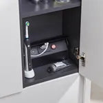 Close-up of a bathroom cabinet with toiletries inside