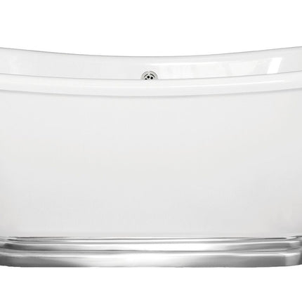 White freestanding bathtub with silver base on a white background