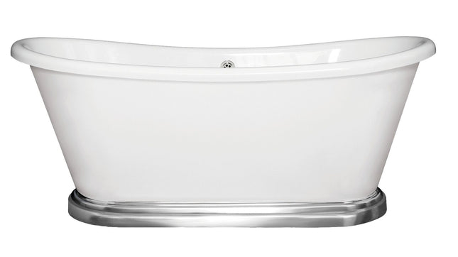 White freestanding bathtub with silver base on a white background