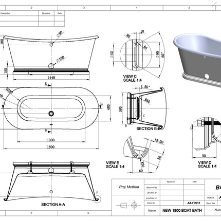 Technical drawing of a freestanding bathtub with dimensions and views.