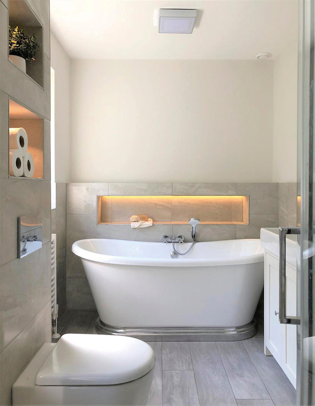 Modern bathroom with a freestanding bathtub, toilet, and shelves.
