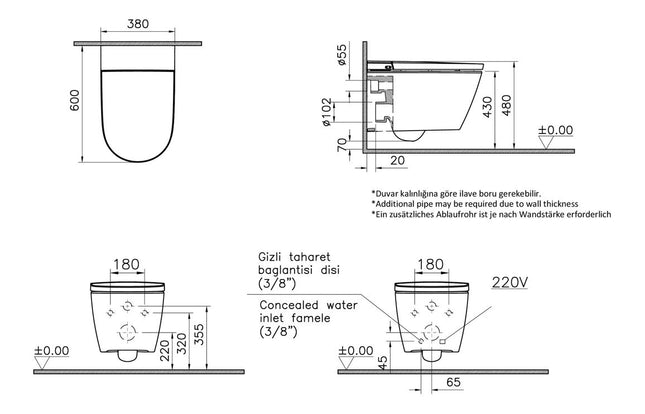 Technical drawing of a wall-mounted toilet with dimensions and specifications.