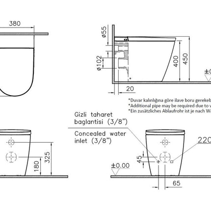 Technical drawing of a toilet with dimensions and specifications
