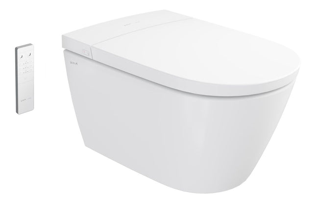 White wall-mounted toilet with a cover on a white background
