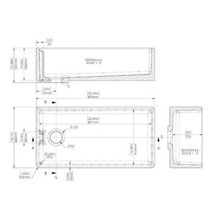 Nuie Single Bowl 895 x 460 x 245mm Fireclay White Belfast Sink