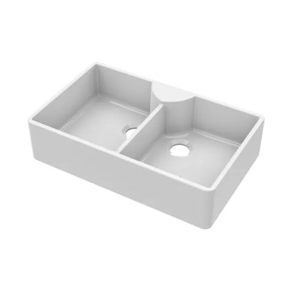 Nuie Double Bowl 895 x 550 x 220mm Fireclay White Butler Sink With Stepped Weir