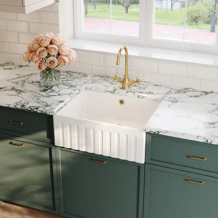 Nuie Single Bowl Fireclay White Fluted Butler Sink