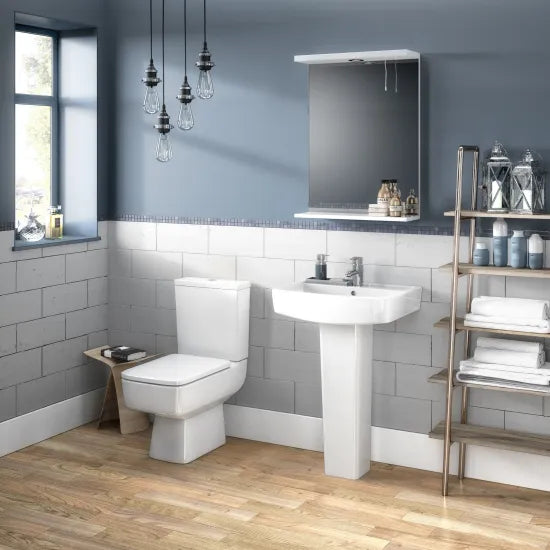 Nuie Bliss Ceramic Bathroom Suite — Open-to-Wall Toilet, Cistern, Soft Close Seat, Basin & Pedestal