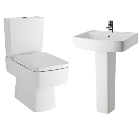 Nuie Bliss Ceramic Bathroom Suite — Open-to-Wall Toilet, Cistern, Soft Close Seat, Basin & Pedestal