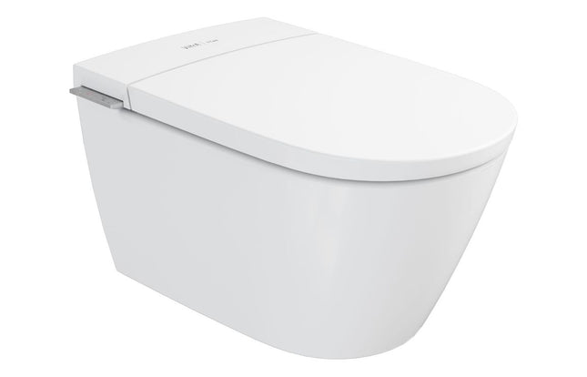 White wall-mounted toilet on a white background