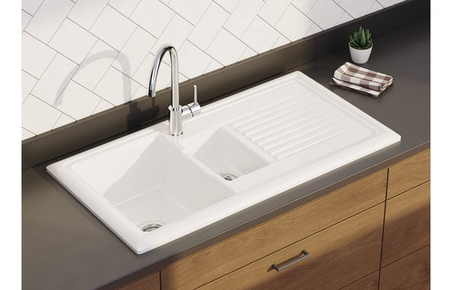 Prima 1.5 Bowl Farmhouse Style Reversible Ceramic Sink - White or Black White