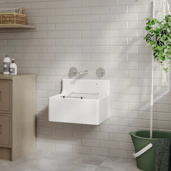 Nuie Single Bowl 515 x 535 x 393mm Fireclay White Cleaner Sink With Grid