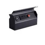 Black electronic device with a red button on a white background