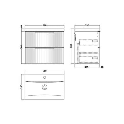 Hudson Reed Fluted 600mm Wall Hung 2-Drawer Vanity Unit With Basin