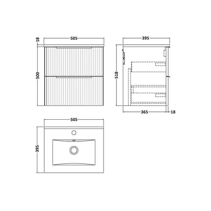 Hudson Reed Fluted 500mm Wall Hung 2-Drawer Vanity Unit With Basin